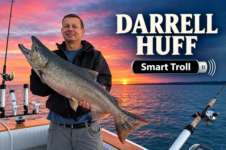 Promotional graphic for Darrell Huff of Smart Troll: an angler holding a large salmon on a boat at sunrise