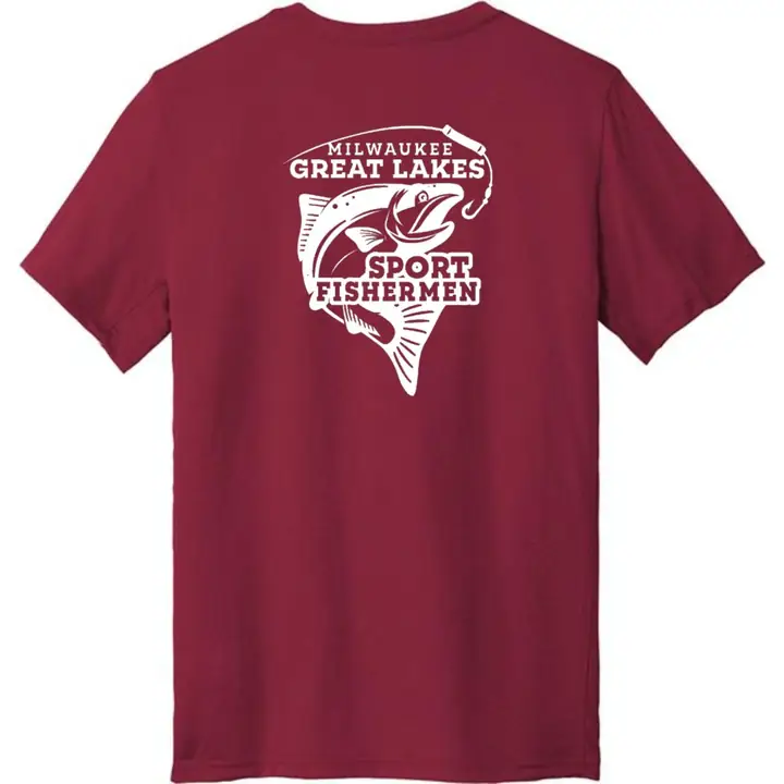 Back of a cardinal red t-shirt printed with the white Milwaukee Great Lakes Sport Fishermen salmon logo
